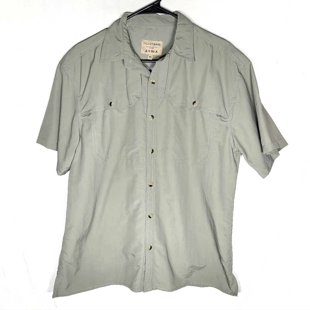 Cold Storage M shortsleeve button up shirt men's beige gray casual